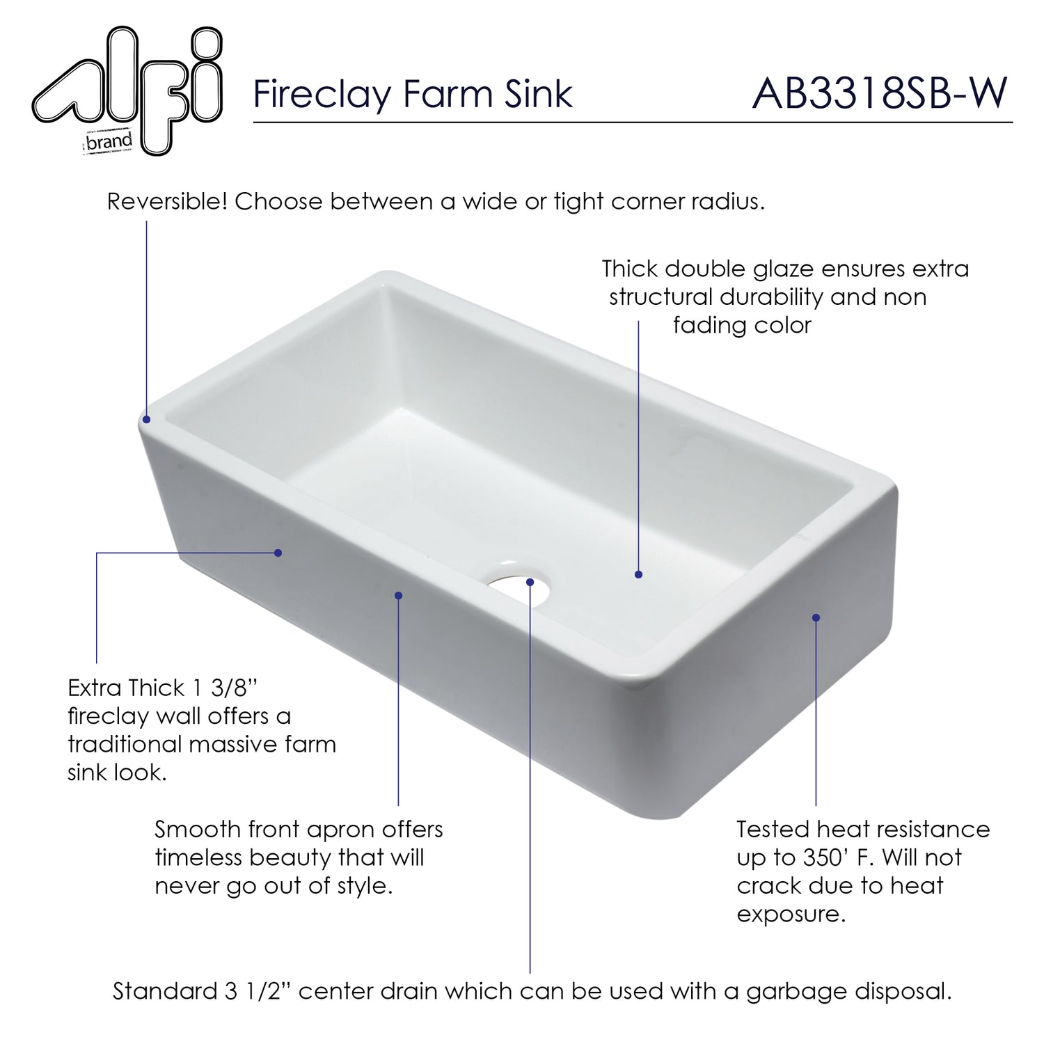 33" White Smooth Apron Solid Thick Wall Fireclay Single Bowl Farm Sink