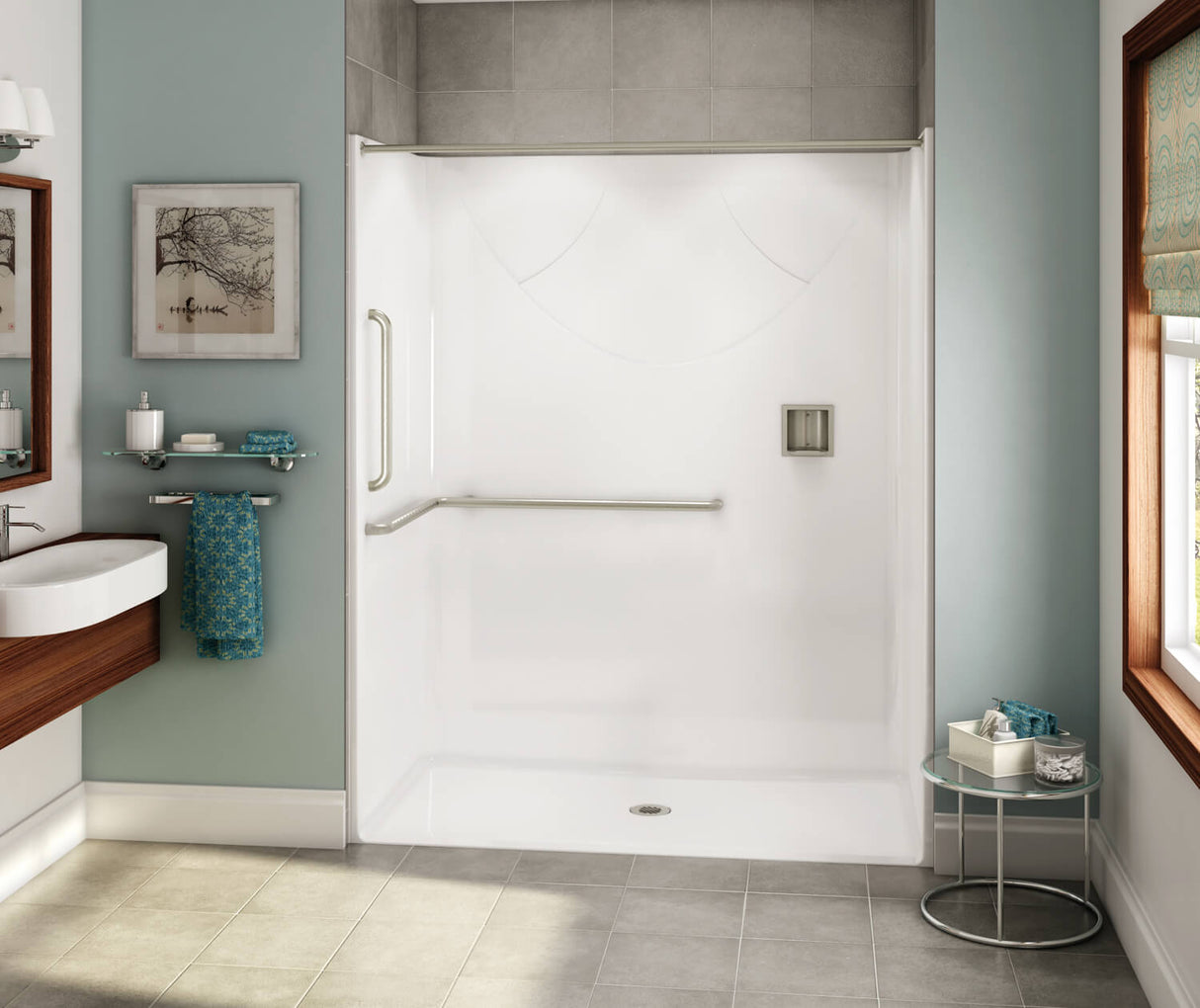 MAAX 106774-000-002-197 OPS-6030-RS - ANSI Grab Bar AcrylX Alcove Center Drain One-Piece Shower in White