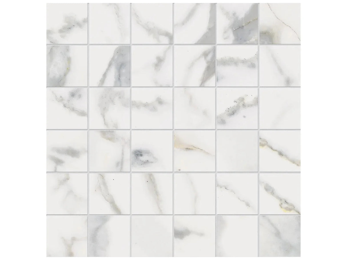 Anatolia Tile 2X2 Classic Matte Calacatta 36 Piece Porcelain Mosaics. 1 Sheet = .96 Sq. Ft. 4501-0064-0 (63-366) Calacatta 2x2 - premium natural stone mosaic tile from Anatolia Tile, available at PoshHaus showroom in Keene, NH