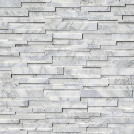 Calacatta cressa 3D ledger panel 6X24 honed marble wall tile LPNLMCALCRE624 3DH product shot multiple tiles angle view