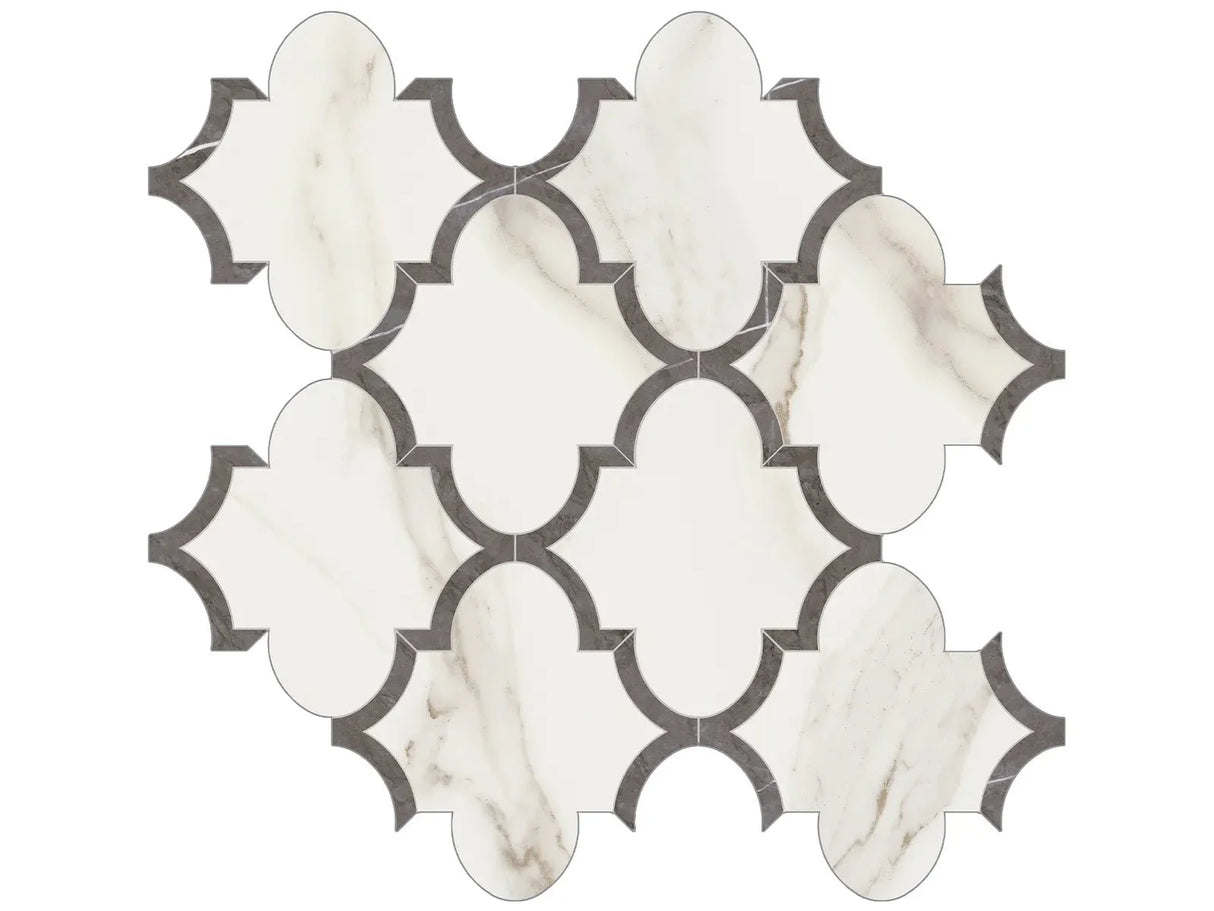 Anatolia Tile Mayfair Calacatta Oro Arabesque Polished Porcelain Mosaics. 1 Sheet = .97 Sq. Ft. 4501-0127-1 Calacatta Oro Arabesque - premium natural stone mosaic tile from Anatolia Tile, available at PoshHaus showroom in Keene, NH