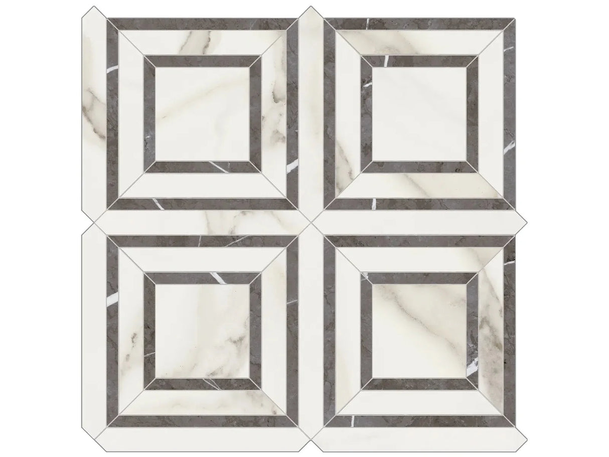 Anatolia Tile Mayfair Calacatta Piazza Polished Porcelain Mosaics. 1 Sheet = .96 Sq. Ft. 4501-0153-1 Calacatta Oro Piazza - premium natural stone mosaic tile from Anatolia Tile, available at PoshHaus showroom in Keene, NH