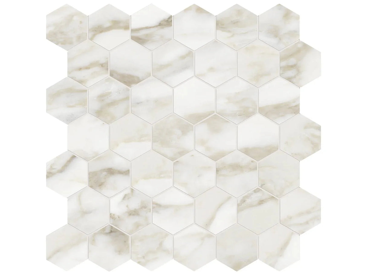 Anatolia Tile La Marca 2 Inch Hexagon Calacatta Honed Porcelain Mosaics. 1 Sheet = .96 Sq. Ft. 4501-0351-0 Calacatta Paonazzo 2" Hexagon Honed - premium natural stone mosaic tile from Anatolia Tile, available at PoshHaus showroom in Keene, NH