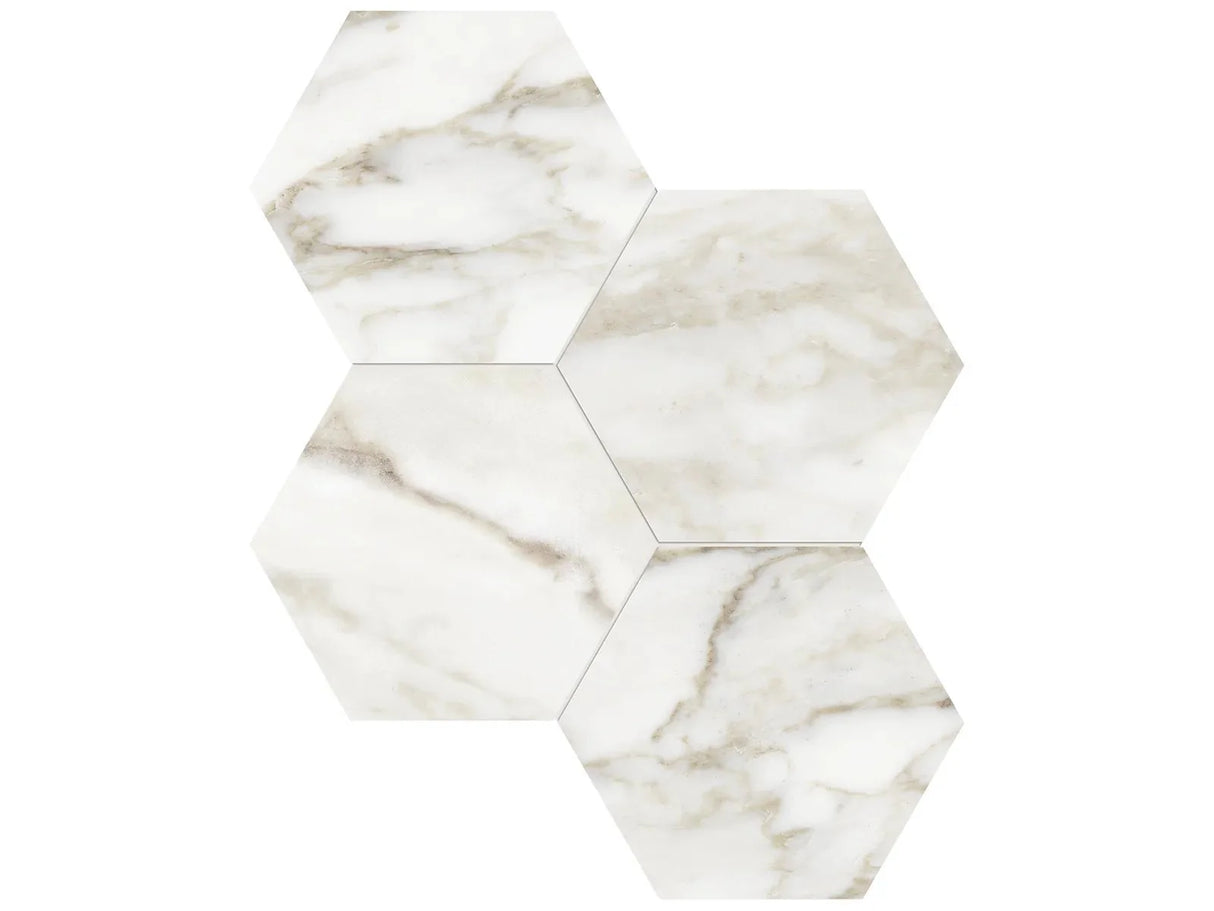 Anatolia Tile 6" Hexagon La Marca Nero Honed & Rectified Porcelain Mosaic - 1 Sheet = .797 - 4501-0333-0" Calacatta Paonazzo 6" Hexagon Honed - premium natural stone mosaic tile from Anatolia Tile, available at PoshHaus showroom in Keene, NH