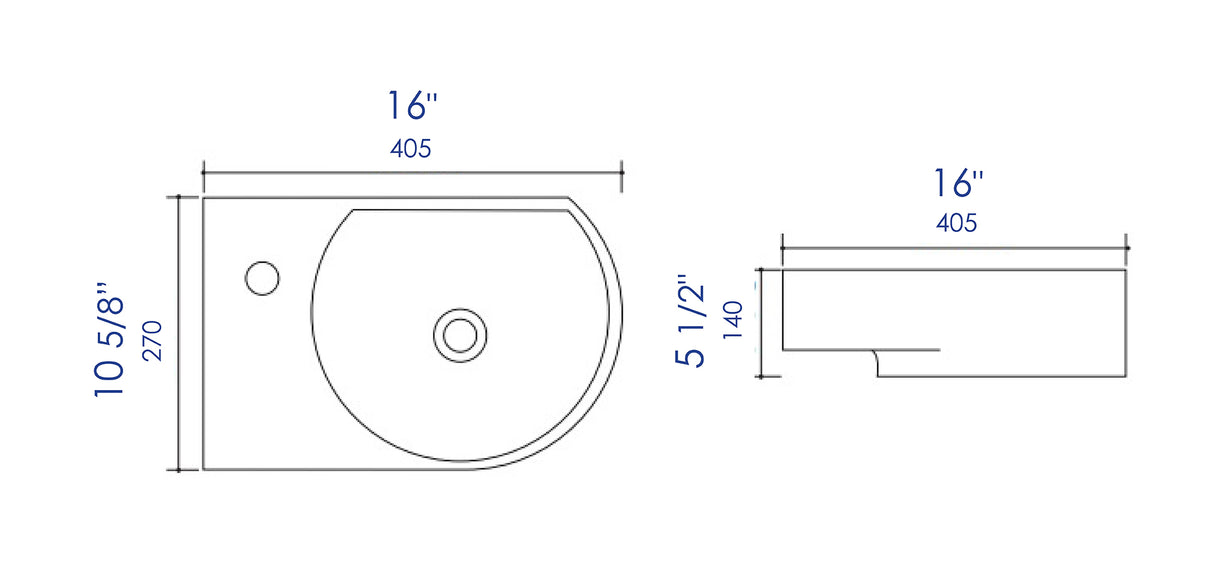 ALFI brand ABC119 White 16" Small Wall Mounted Ceramic Sink with Faucet Hole