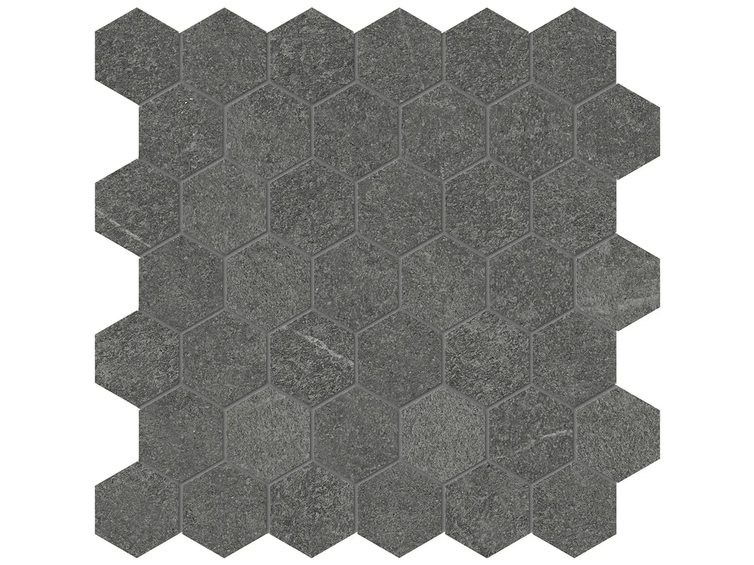 Anatolia Tile 2" Mjork Color Body Porcelain Carbon Hexagon 42 Piece Mosaic 4501-0382-0 1 Sheet = .97 Sq. Ft." Carbon 2" Hexagon - premium natural stone mosaic tile from Anatolia Tile, available at PoshHaus showroom in Keene, NH