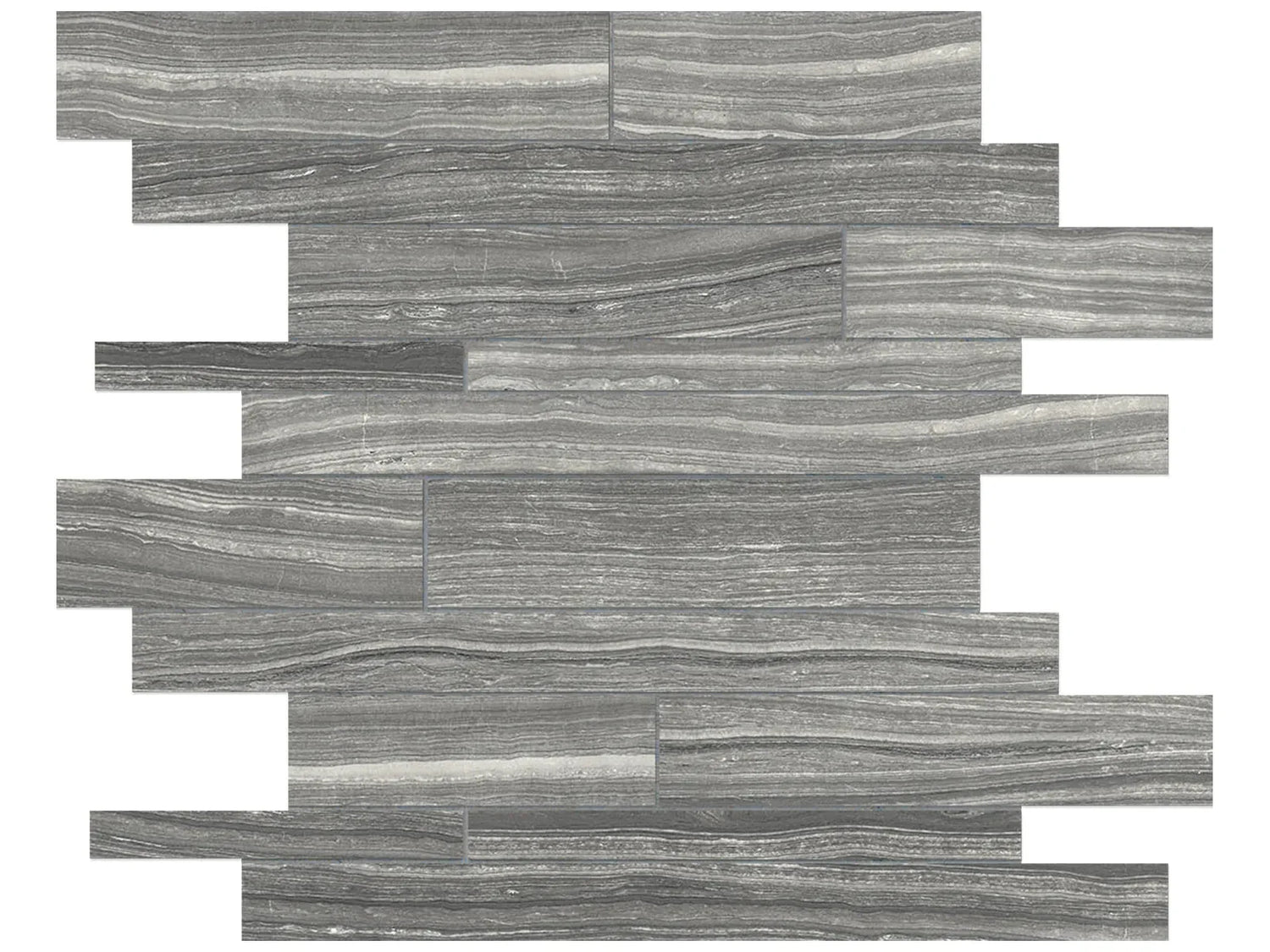 Anatolia Tile Eramosa Carbon Random Strip Matte Porcelain Mosaics. 1 Sheet = .96 Sq. Ft. 4501-0087-0 (69-186) Carbon Random Strip - premium natural stone mosaic tile from Anatolia Tile, available at PoshHaus showroom in Keene, NH