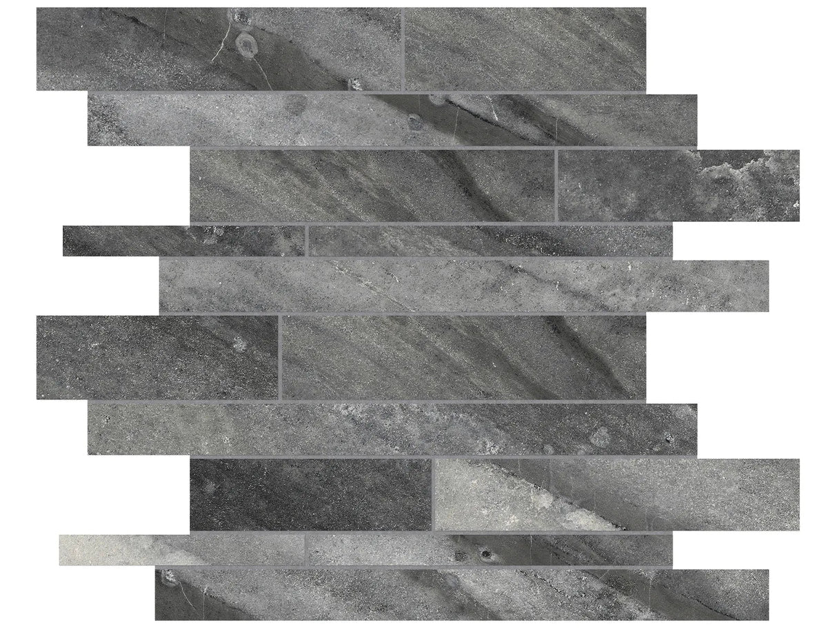 Anatolia Tile Evolution Carbon Random Strip Matte Porcelain Mosaics. 1 Sheet = .96 Sq. Ft. 4501-0097-0 (69-203) Carbon Random Strip - premium natural stone mosaic tile from Anatolia Tile, available at PoshHaus showroom in Keene, NH