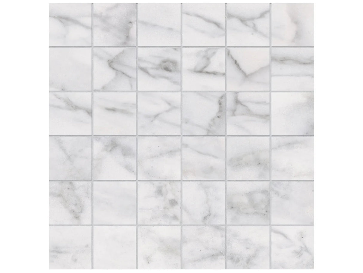 Anatolia Tile 2X2 Classic Matte Carrara 36 Piece Porcelain Mosaics. 1 Sheet = .96 Sq. Ft. 4501-0065-0 (63-365) Carrara 2x2 - premium natural stone mosaic tile from Anatolia Tile, available at PoshHaus showroom in Keene, NH