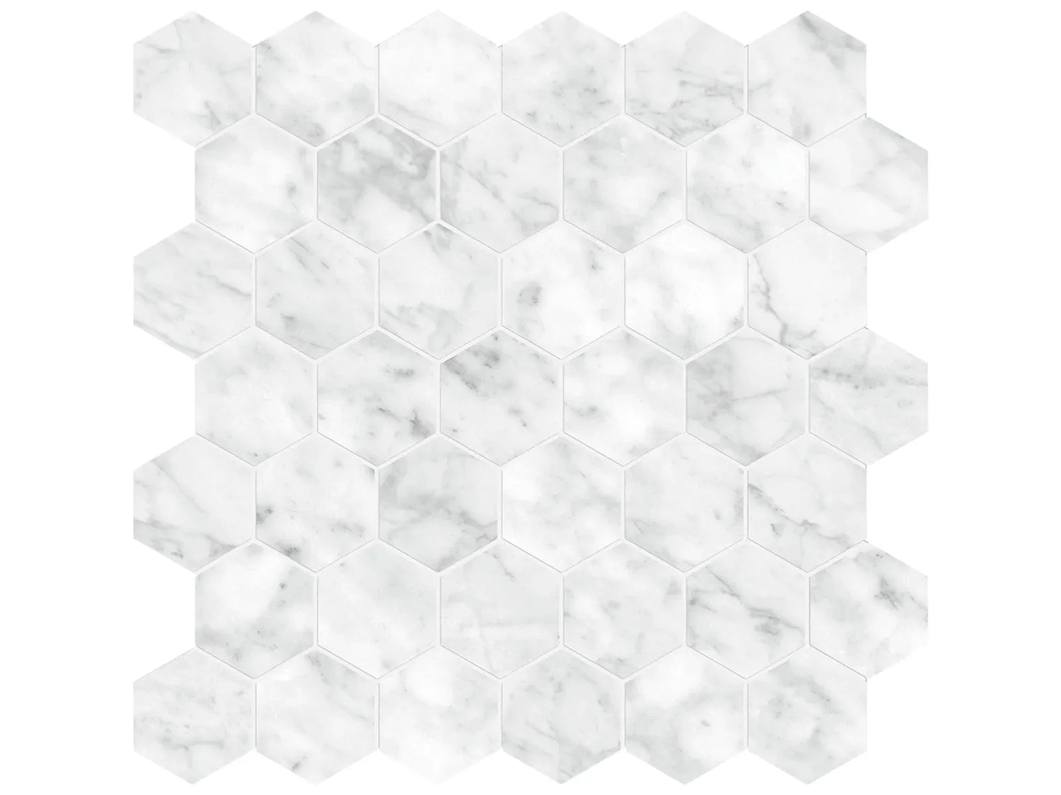 Anatolia Tile La Marca 2 Inch Hexagon Carrara Honed Porcelain Mosaics. 1 Sheet = .96 Sq. Ft. 4501-0352-0 Carrara Gioia 2" Hexagon Honed - premium natural stone mosaic tile from Anatolia Tile, available at PoshHaus showroom in Keene, NH
