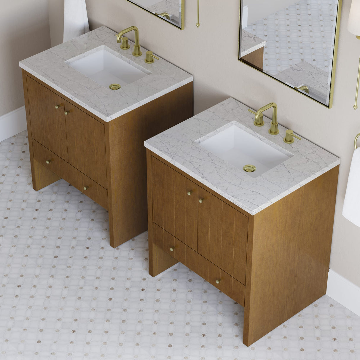 Hudson 30" Single Vanity, Honey Oak w/ 3 CM Eternal Jasmine Pearl Silestone Top