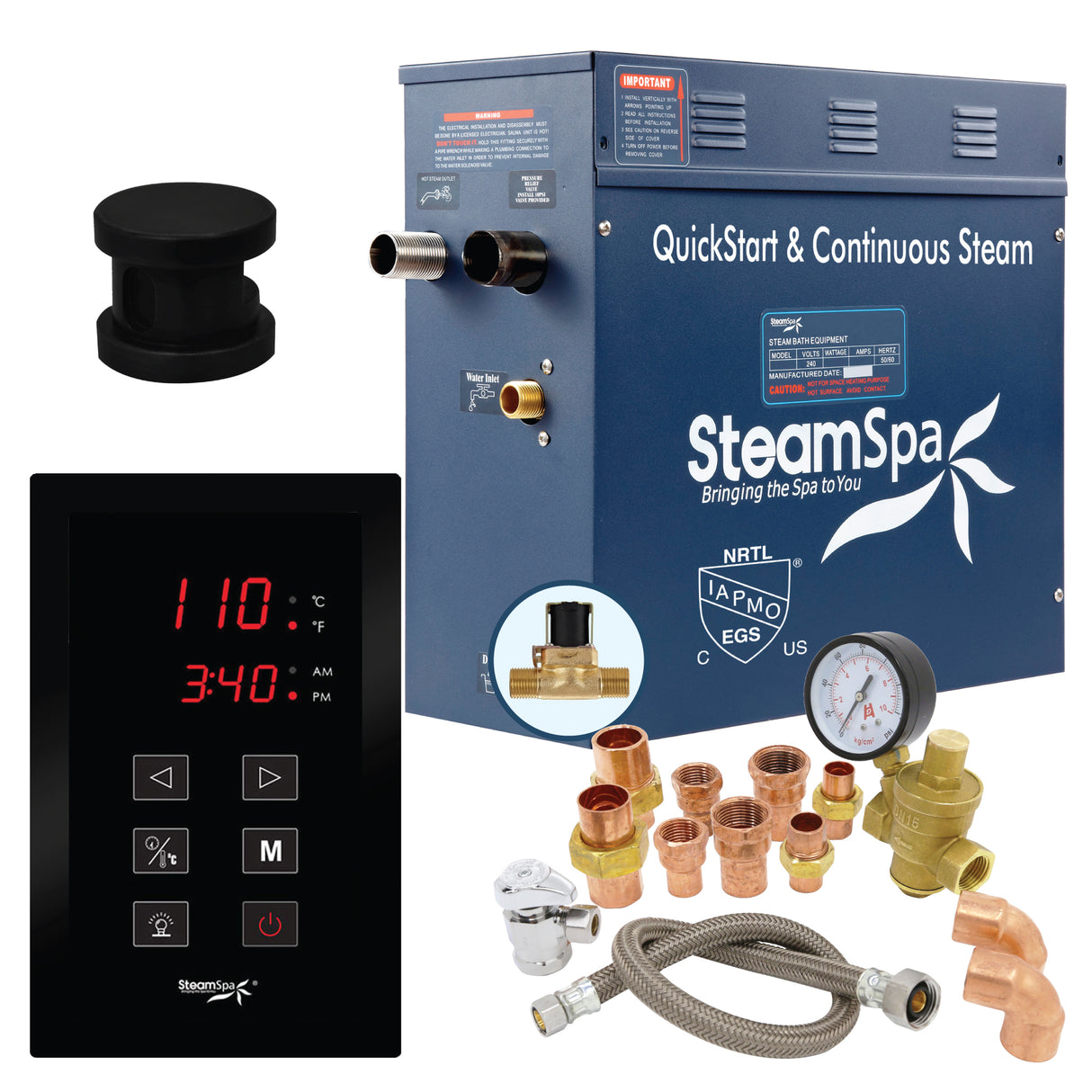 SteamSpa Premium 4.5 KW QuickStart Acu-Steam Bath Generator Package with Built-in Auto Drain in Matte Black PRT450MB-A