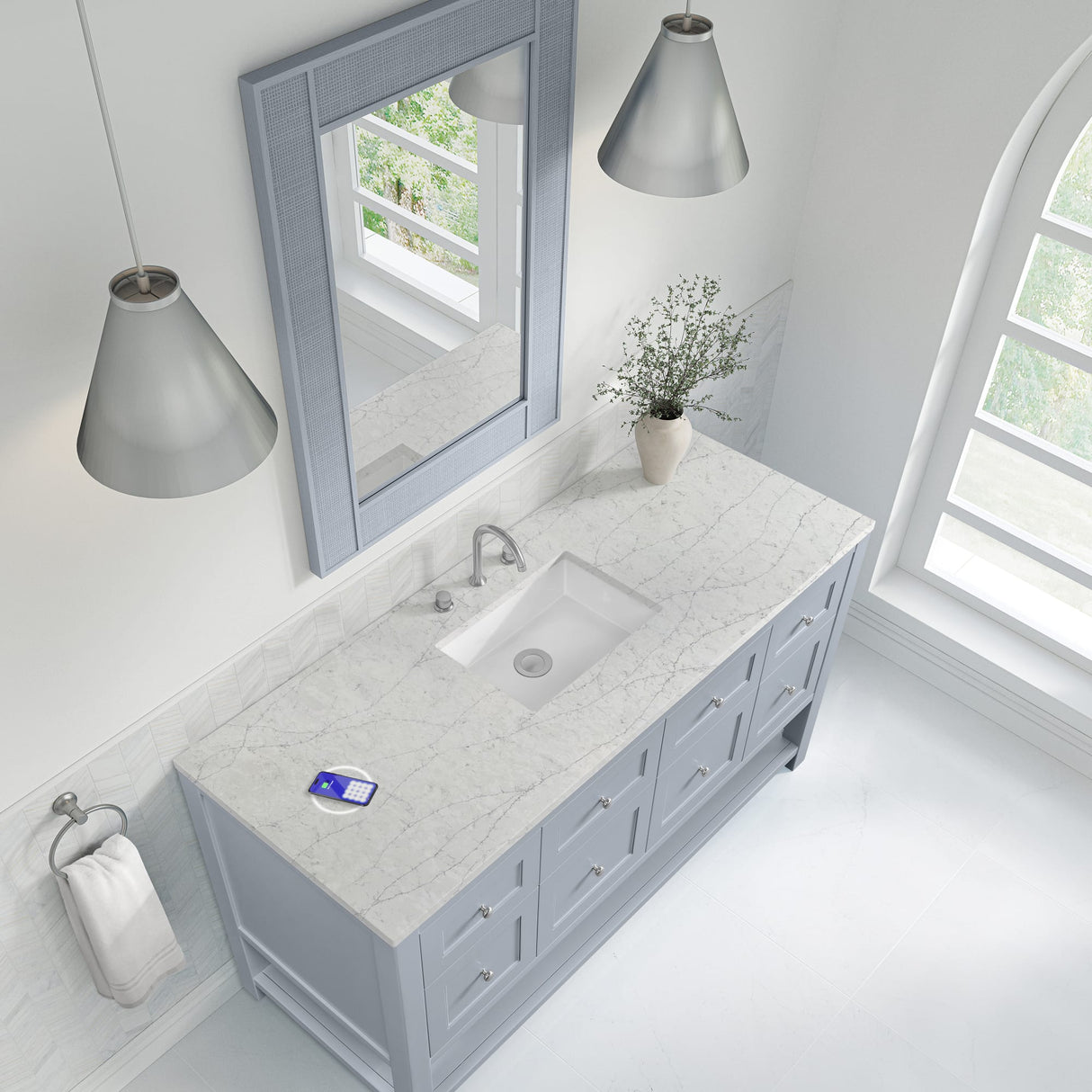 Breckenridge 60" Single Vanity, Serenity Blue, w/ 3 CM Eternal Jasmine Pearl Silestone Top w/ FreePower Wireless Charger