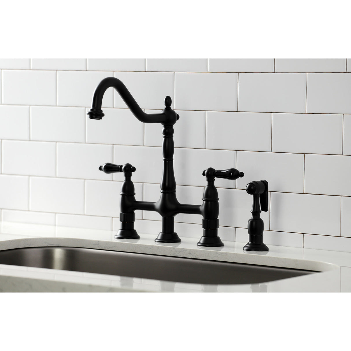 Kingston Brass KS1270PKLBS Duchess Bridge Kitchen Faucet with Brass Sprayer, Matte Black