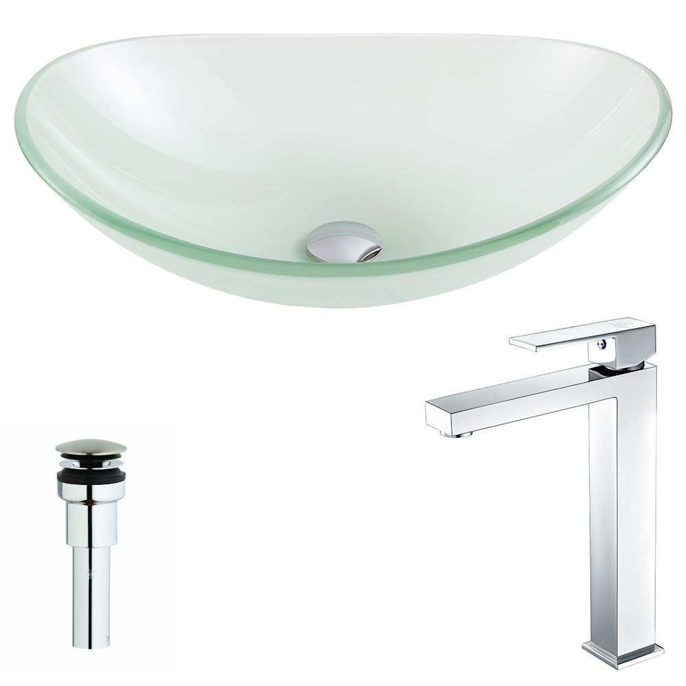 ANZZI LSAZ086-096 Forza Series Deco-Glass Vessel Sink in Lustrous Frosted with Enti Faucet in Chrome