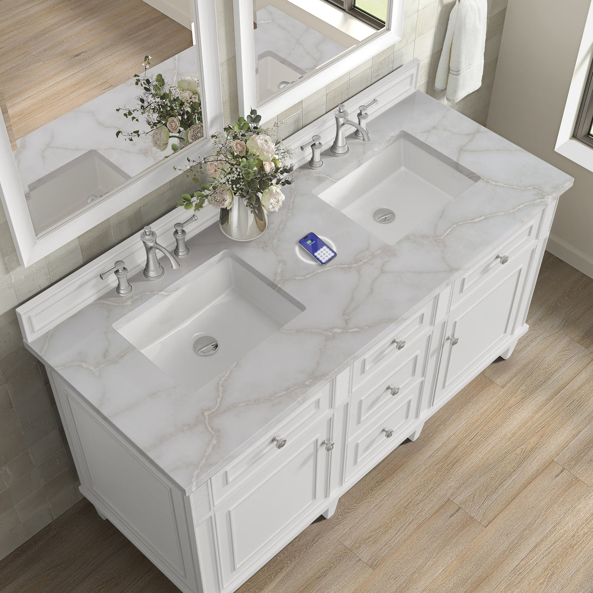 Lorelai 60" Double Vanity, Bright White w/ 3 CM Victorian Silver Silestone Top w/FreePower Wireless Charger