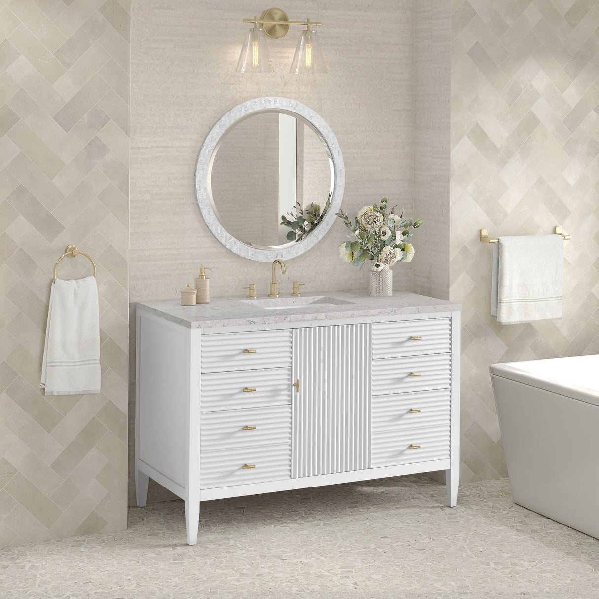Myrrin 48" Single Vanity, Bright White w/ 3 CM Eternal Jasmine Pearl Silestone Top