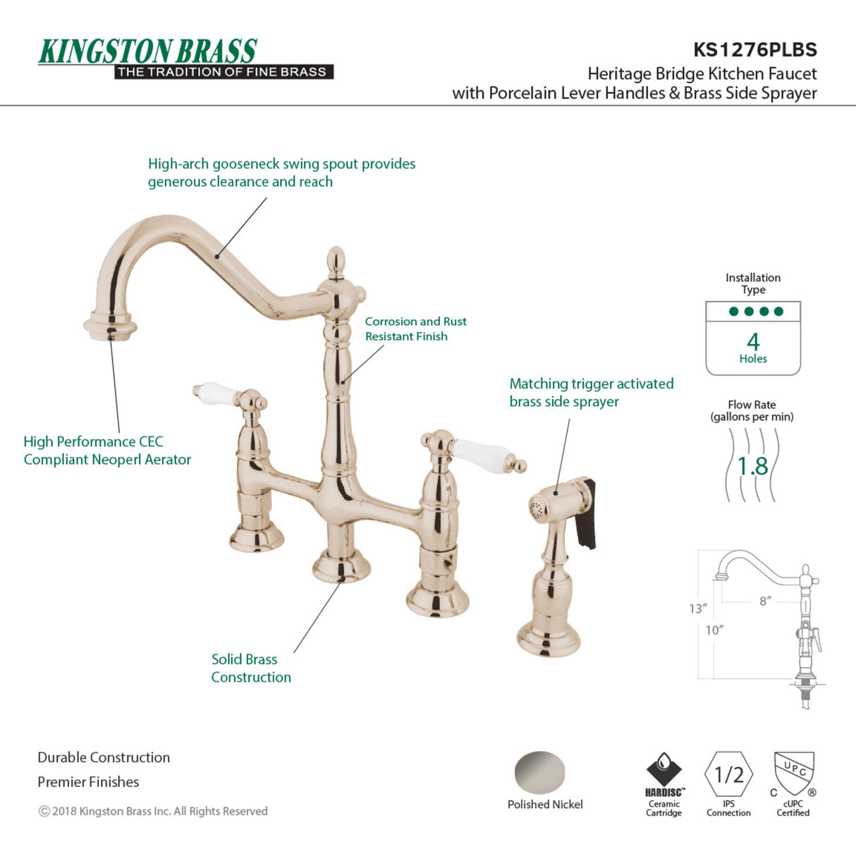 Kingston Brass KS1276PLBS Heritage Bridge Kitchen Faucet with Brass Sprayer, Polished Nickel