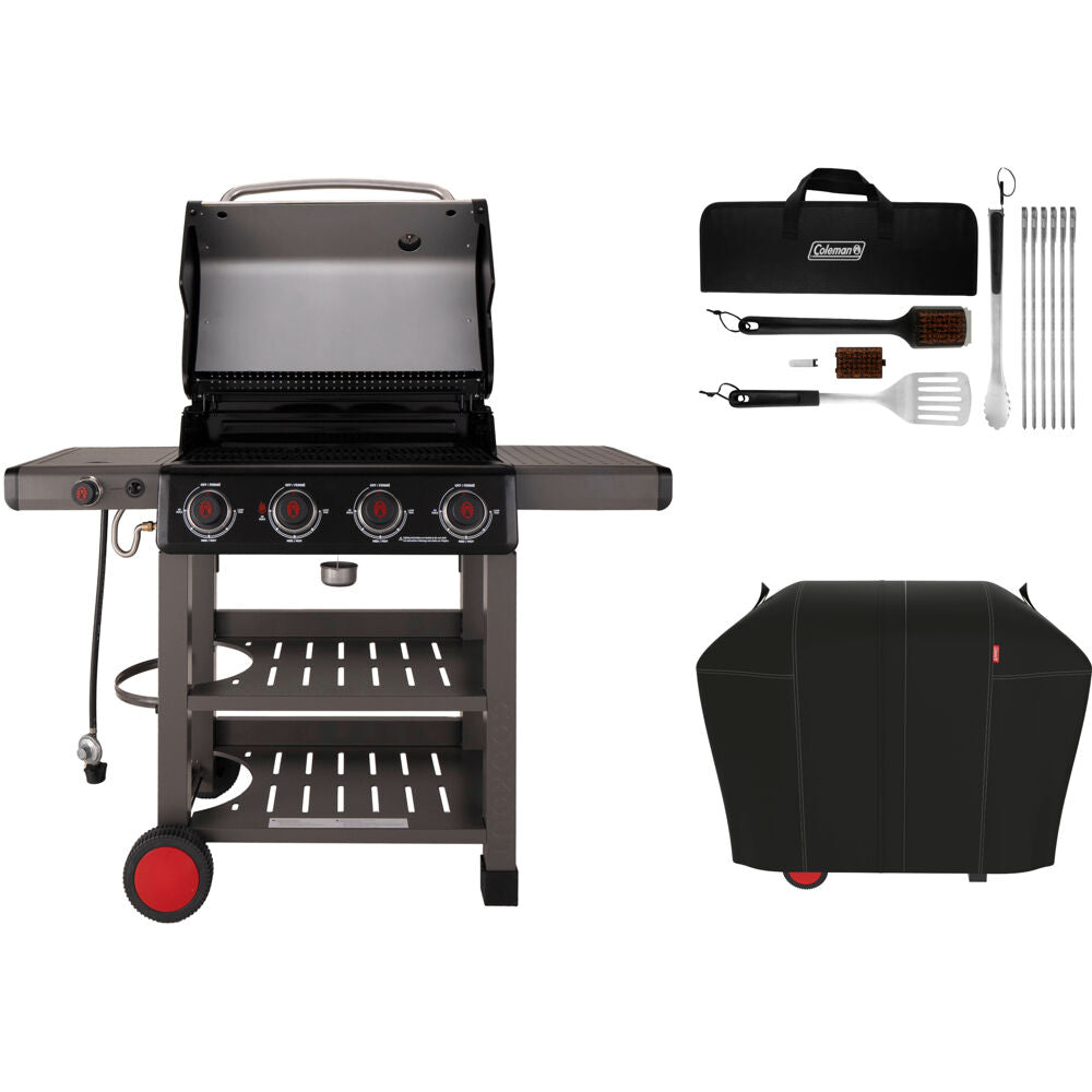 Coleman CO-400BBQ-3-KIT Coleman Cookout 4 Burner BBQ Grill w/Side Burner w/Cover & 12Pc Tool Set