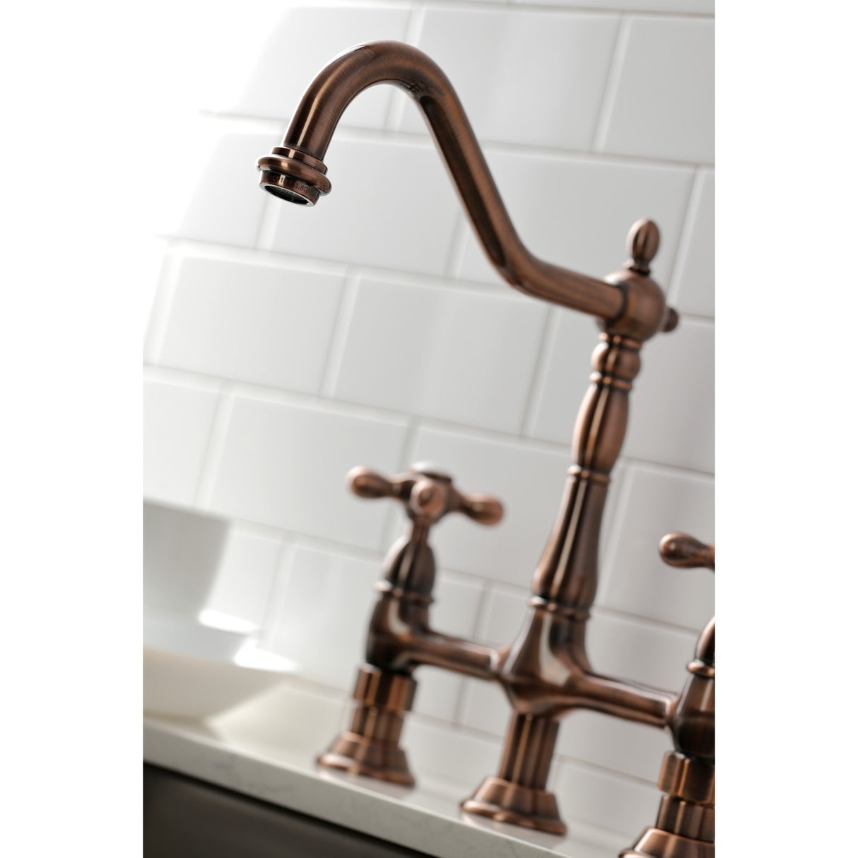 Kingston Brass KS127AXBSAC Heritage Bridge Kitchen Faucet with Brass Sprayer, Antique Copper
