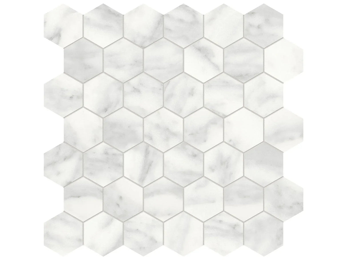 Anatolia Tile 2" Hex Cromo Bianco Honed Marble Mosaic 5001-0284-0 * 1 Sheet = .99 Sqft * Cromo Bianco Hexagon 2" - premium natural stone mosaic tile from Anatolia Tile, available at PoshHaus showroom in Keene, NH