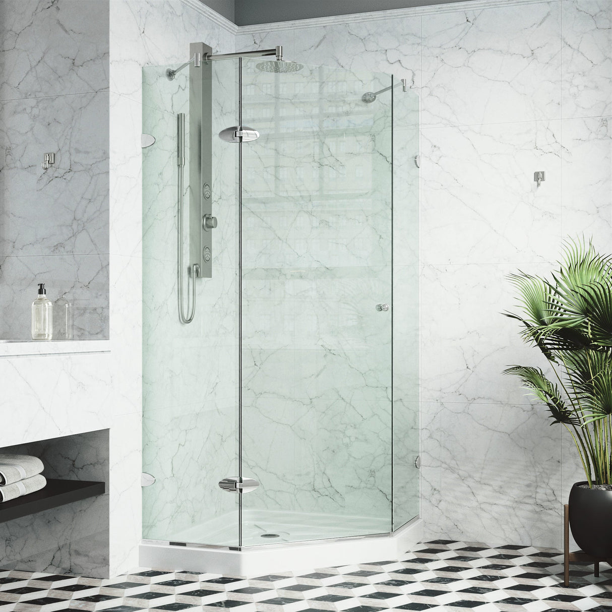 VIGO Verona 40.25 W x 70.375 H Frameless Hinged Shower Enclosure in Chrome with shower base and handle VG6061CHCL40WS