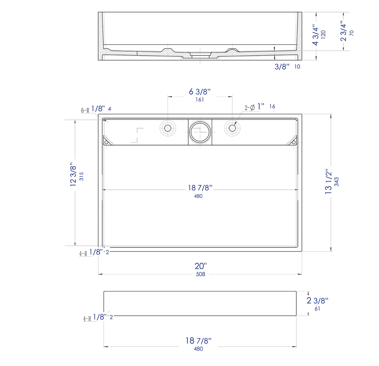 20" x 14" White Matte Solid Surface Resin Sink