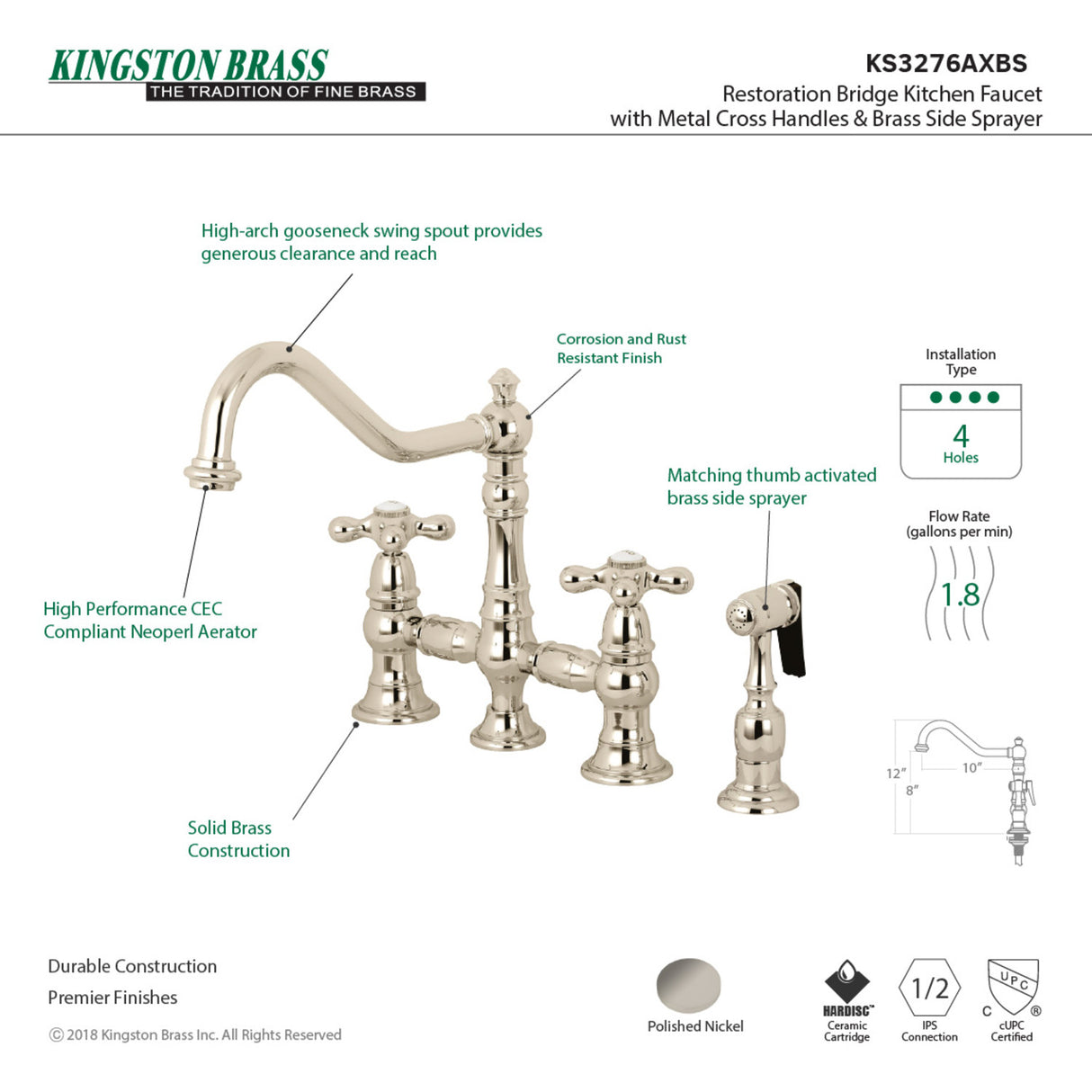 Kingston Brass KS3276AXBS Restoration 8" Bridge Kitchen Faucet with Sprayer, Polished Nickel