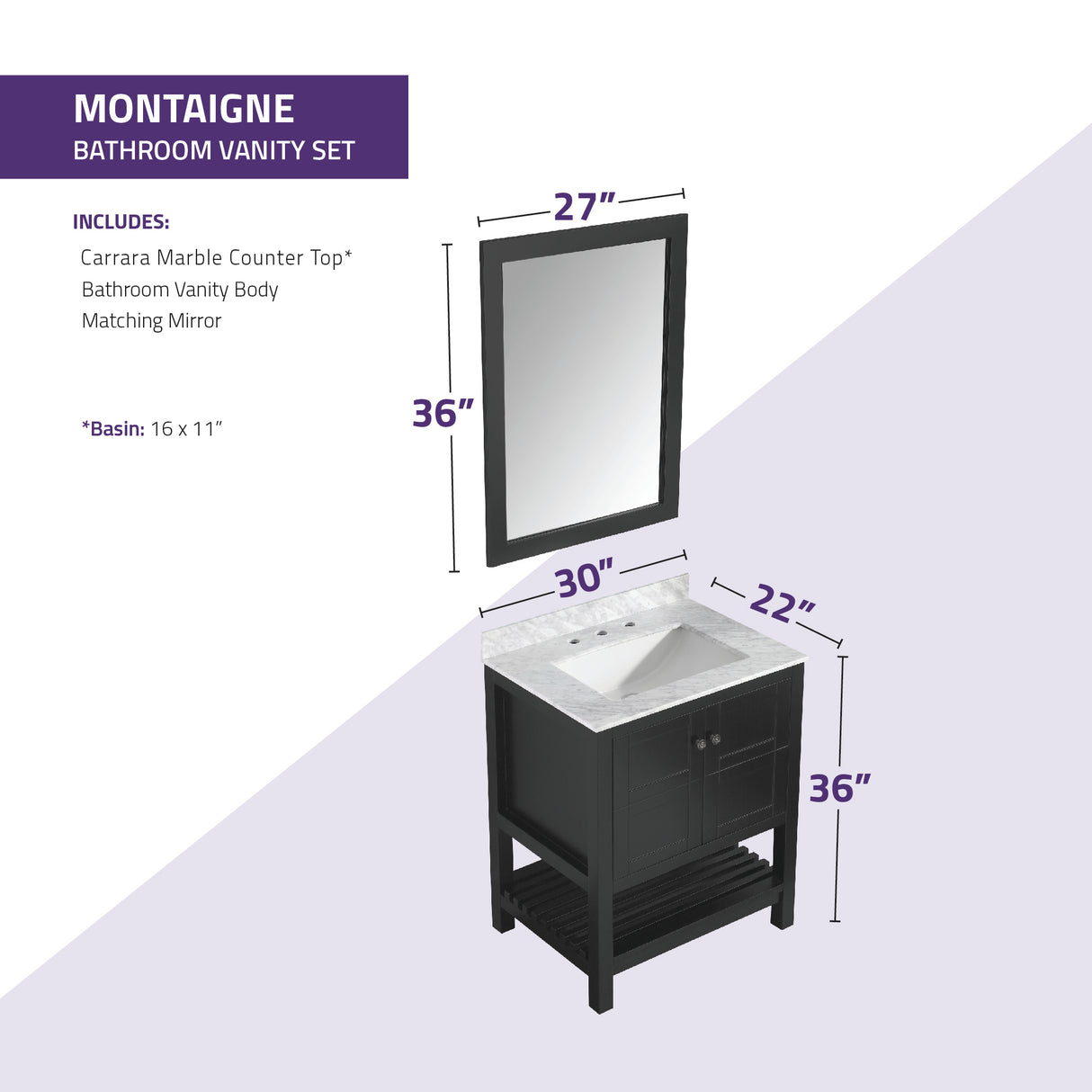 ANZZI VT-MRCT1030-BK Montaigne 30 in. W x 22 in. D Bathroom Bath Vanity Set in Black with Carrara Marble Top with White Sink