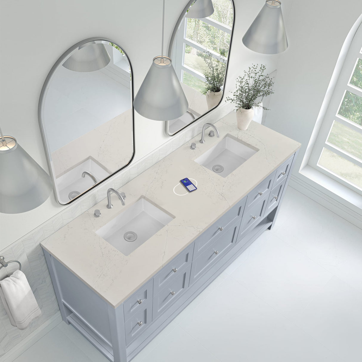 Breckenridge 72" Double Vanity, Serenity Blue, w/ 3 CM Siberian Silestone Top w/FreePower Wireless Charger