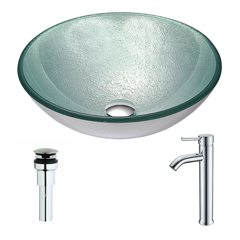 ANZZI LSAZ055-040 Spirito Series Deco-Glass Vessel Sink in Churning Silver with Fann Faucet in Brushed Nickel
