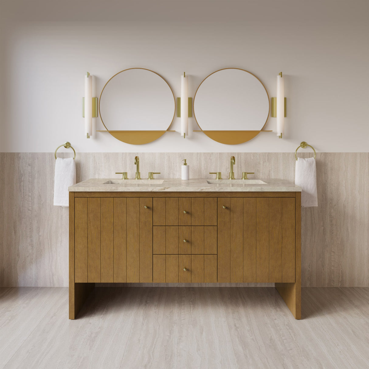 Hudson 60" Double Vanity, Honey Oak w/ 3 CM Tajnar Eclos Top w/FreePower Wireless Charger