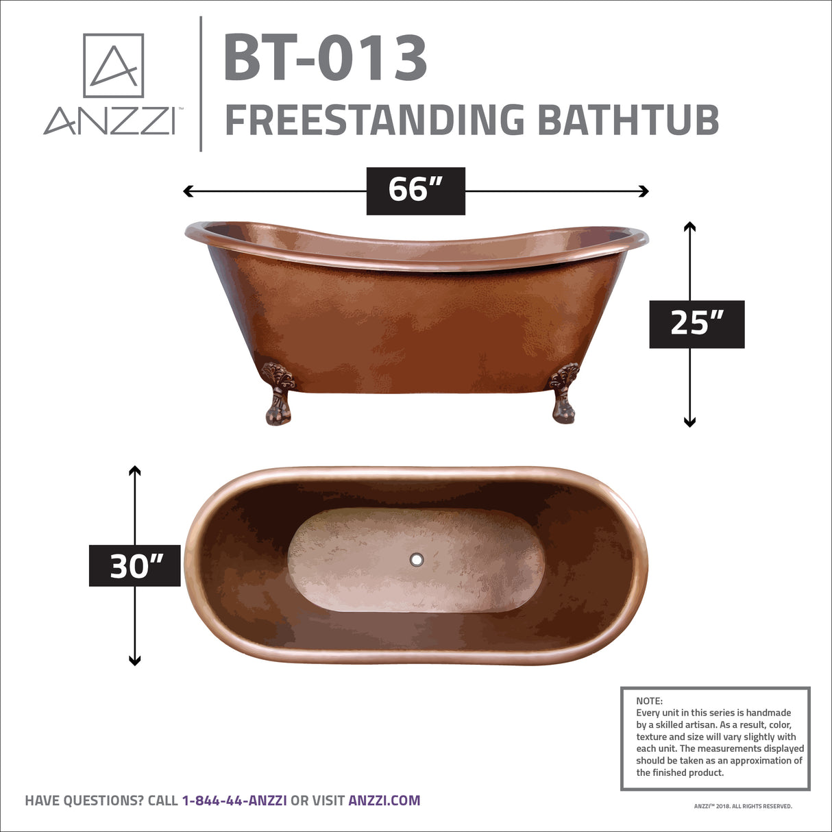 ANZZI BT-013 Aeris 66 in. Handmade Copper Double Slipper Clawfoot Non-Whirlpool Bathtub in Hammered Antique Copper