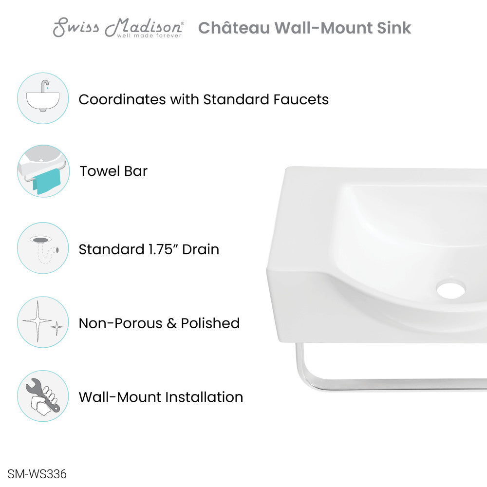 Chateau 21.5" Right Side Faucet Wall-Mount Bathroom Sink with Chrome Towel Bar