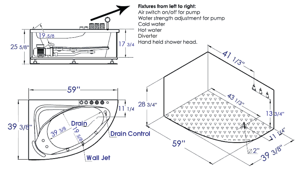 EAGO AM161-R 5' Single Person Corner White Acrylic Whirlpool Bath Tub - Drain on Right