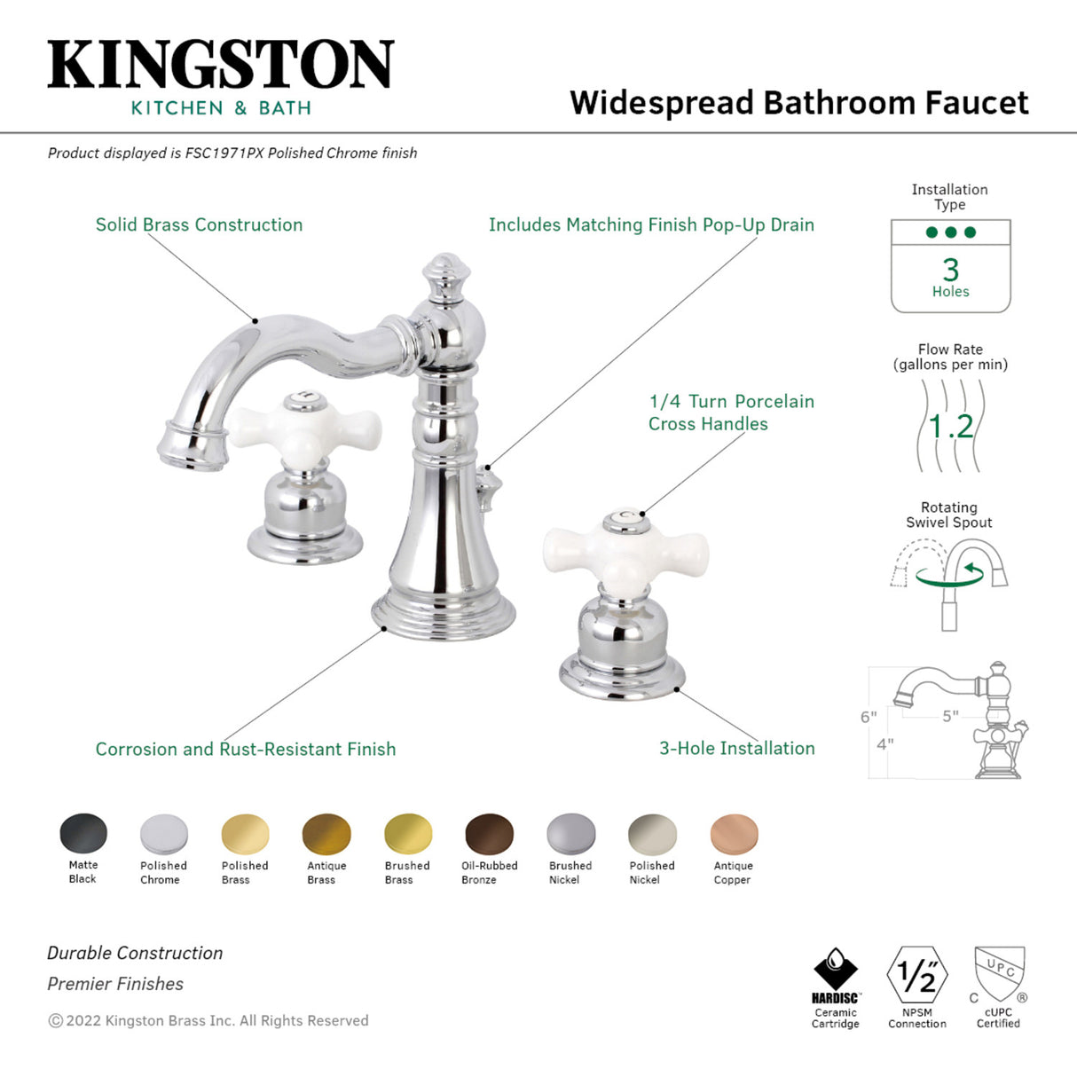 Fauceture FSC1971PX American Classic Widespread Bathroom Faucet, Polished Chrome