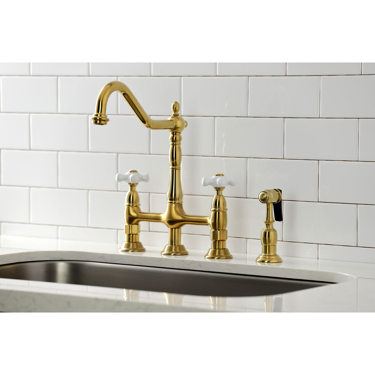 Kingston Brass KS1277PXBS Heritage Bridge Kitchen Faucet with Brass Sprayer, Brushed Brass