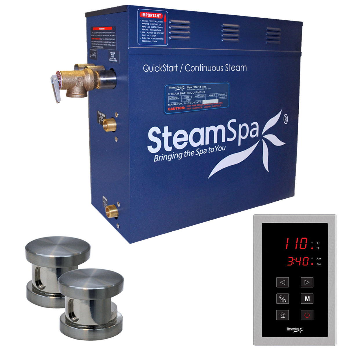 SteamSpa Oasis 12 KW QuickStart Acu-Steam Bath Generator Package in Brushed Nickel OAT1200BN