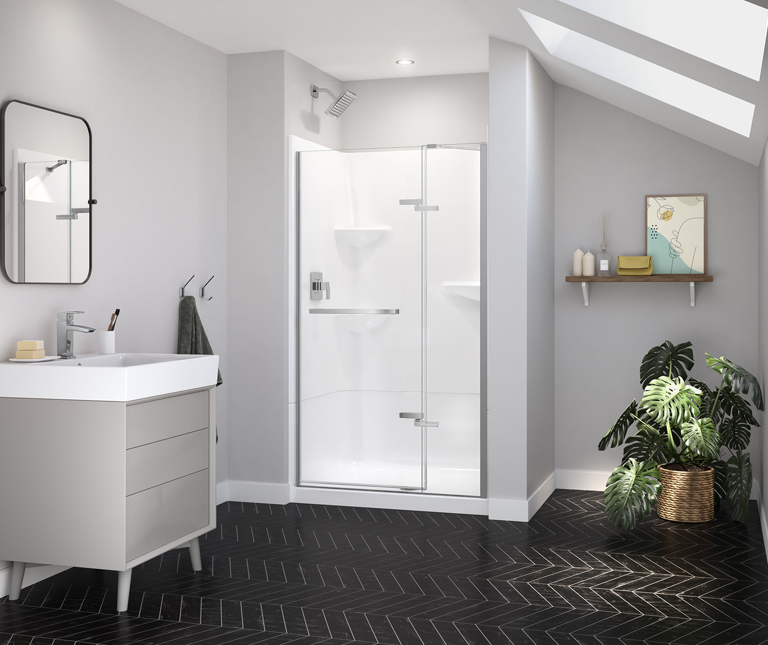 MAAX 139577-900-084-000 Reveal Sleek 71 41 ½-44 ½ x 71 ½ in. 8mm Pivot Shower Door for Alcove Installation with Clear glass in Chrome