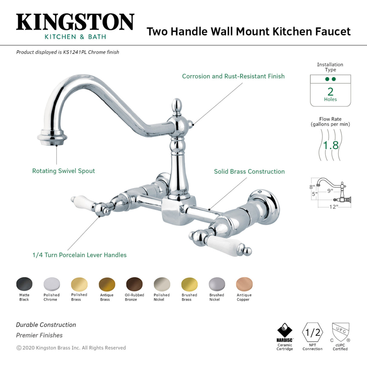 Kingston Brass KS1241PL Heritage Wall Mount Bridge Kitchen Faucet, Polished Chrome