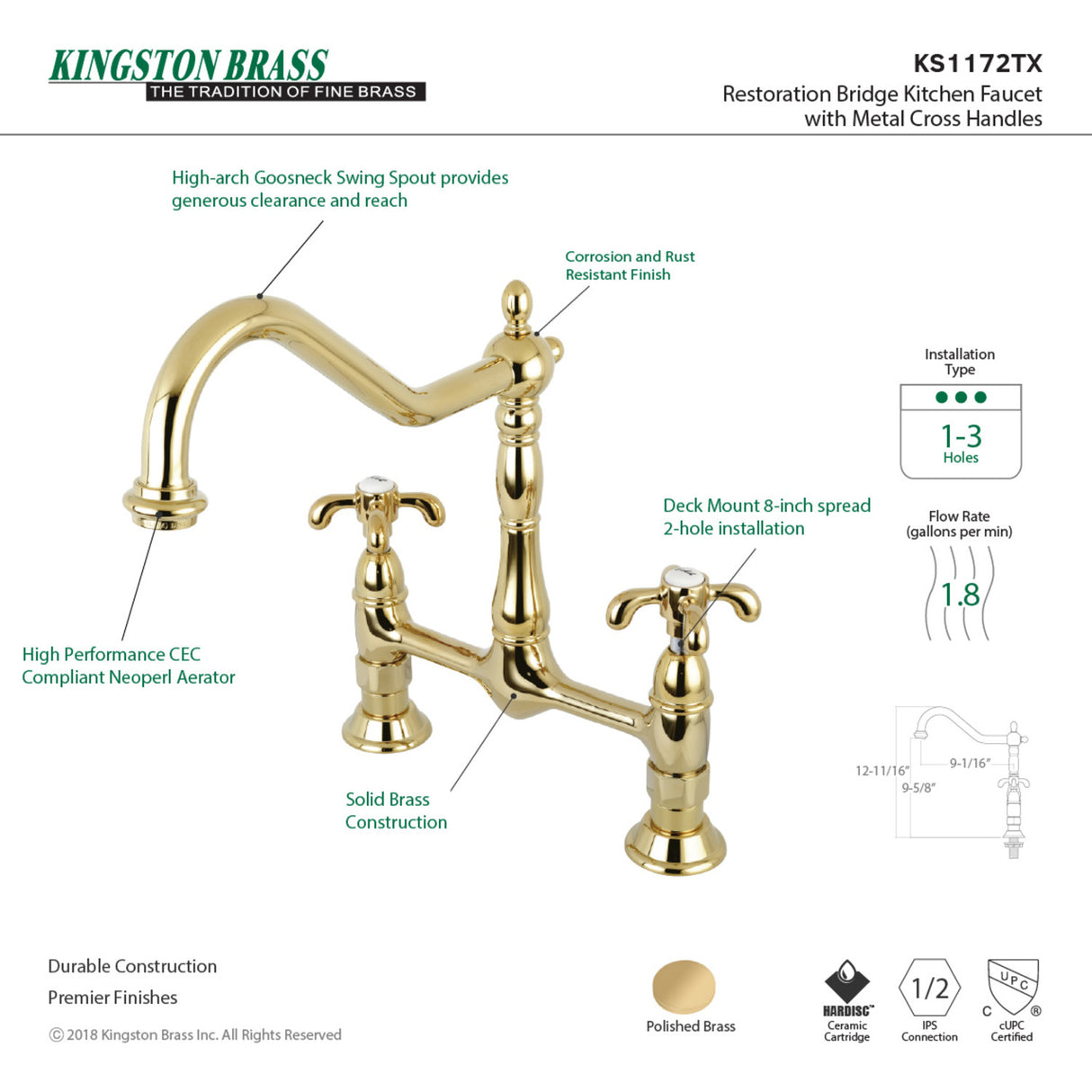 Kingston Brass KS1172TX French Country Bridge Kitchen Faucet, Polished Brass