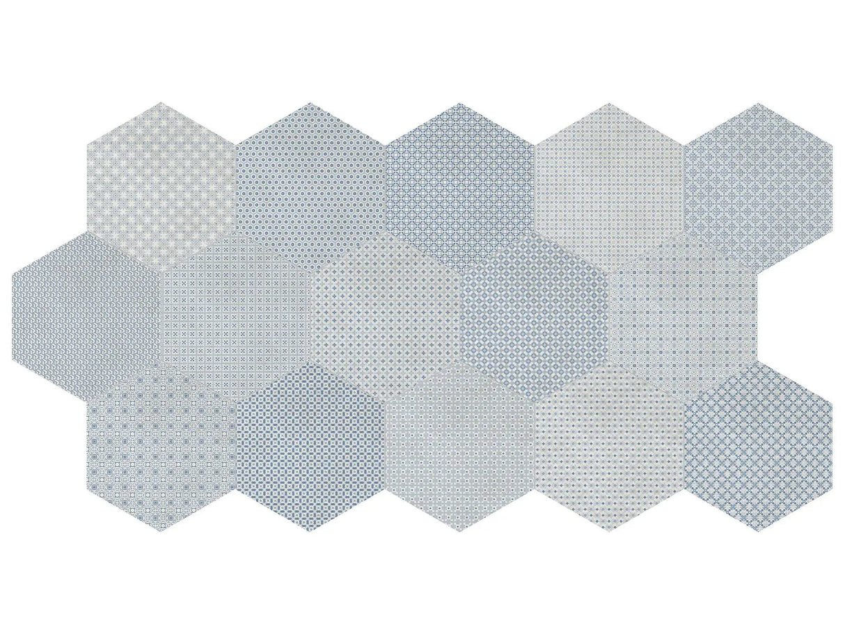 Anatolia Tile 8 In Hex Tapestri Denim 4500-0986-0 Blend Denim Blend Hexagon 8.5x8.5 - premium natural stone mosaic tile from Anatolia Tile, available at PoshHaus showroom in Keene, NH