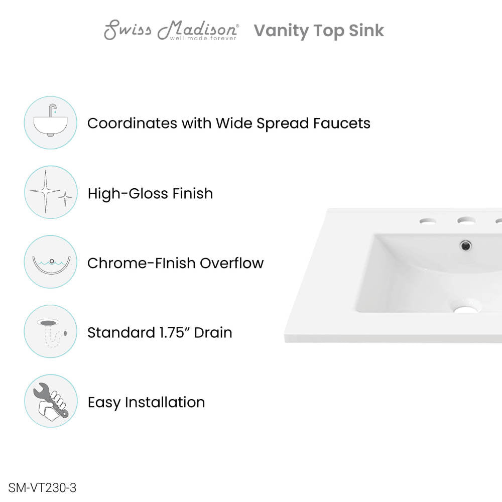 30" Vanity Top Bathroom Sink with 3 Holes