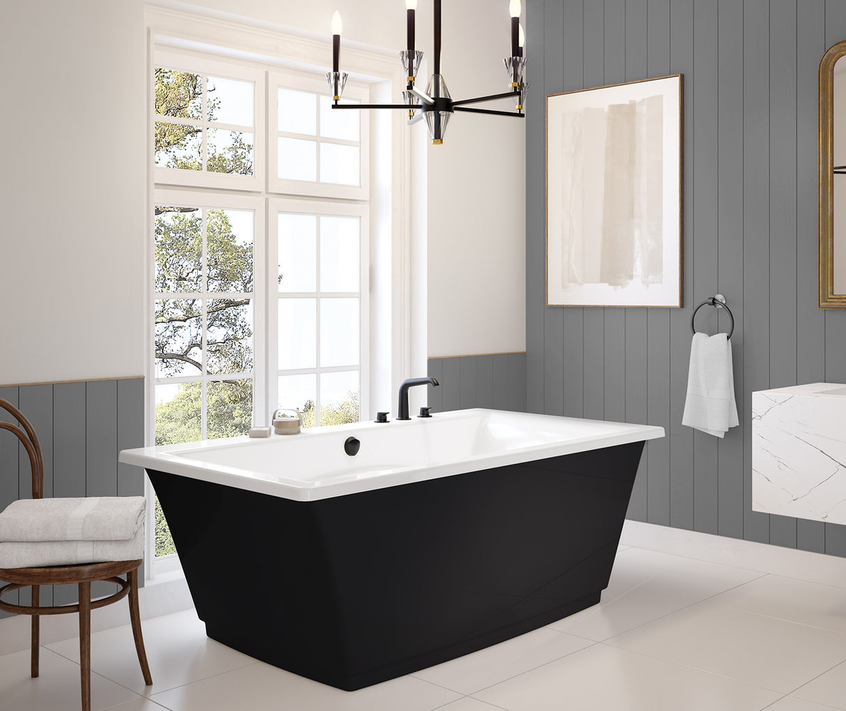 MAAX 105742-055-015 Optik 6636 F Acrylic Freestanding Center Drain Aerofeel Bathtub in White with Black Skirt