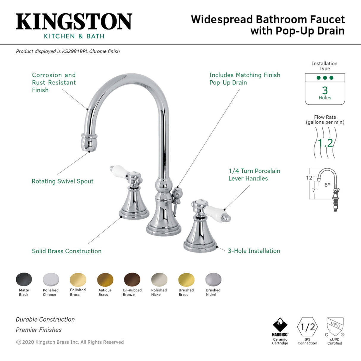 Kingston Brass KS2980BPL Bel-Air Widespread Bathroom Faucet with Brass Pop-Up, Matte Black