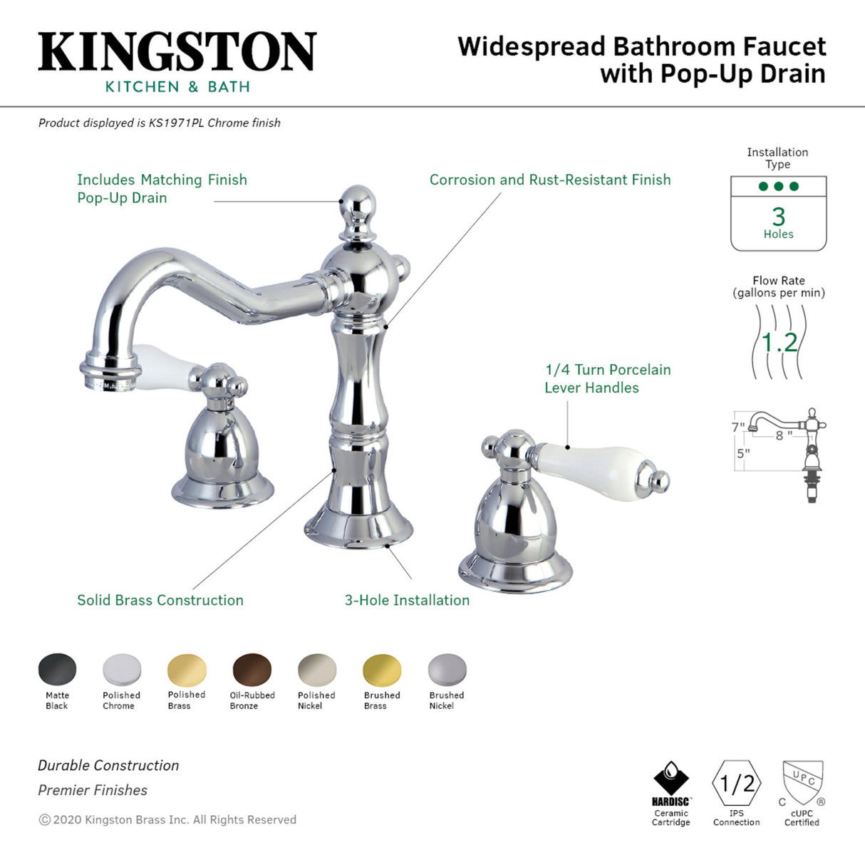 Kingston Brass KS1978PL 8 in. Widespread Bathroom Faucet, Brushed Nickel