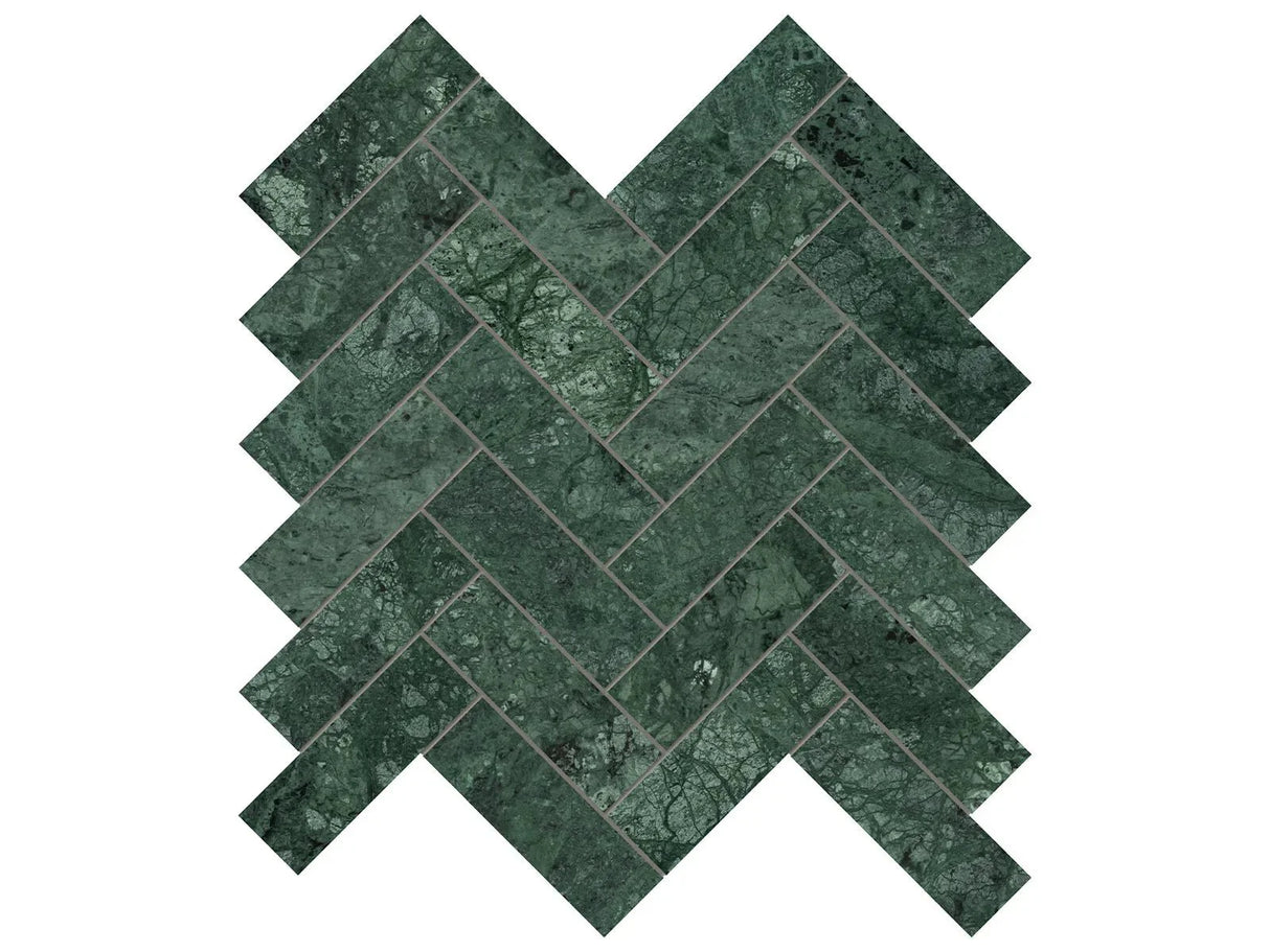 Anatolia Tile 1.25X4 Diosa Verde Herringbone Polished Marble Mosaic 5001-0334-0 * 1 Sheet = .89 Sqft * Diosa Verde Herringbone 1.25x4 - premium natural stone mosaic tile from Anatolia Tile, available at PoshHaus showroom in Keene, NH