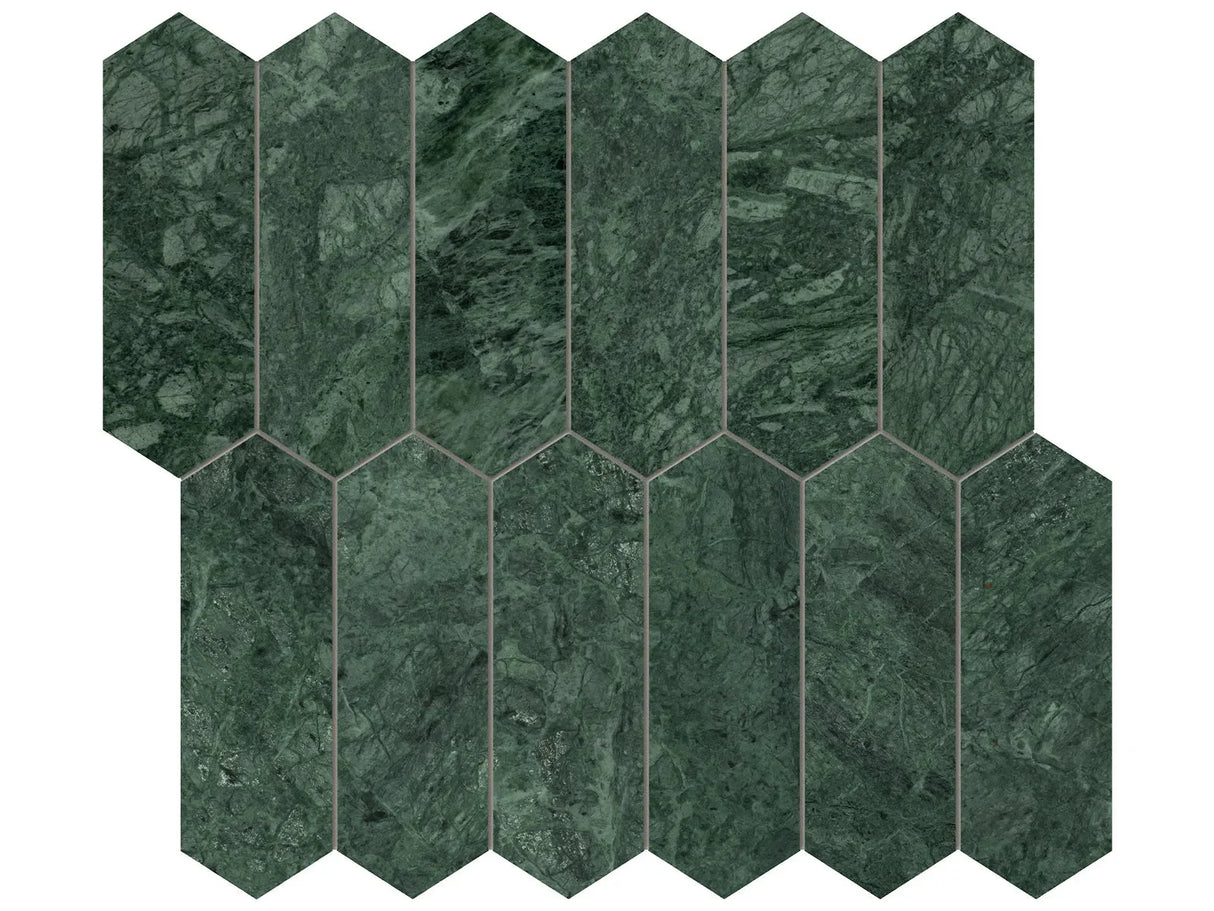 Anatolia Tile 2X6 Diosa Verde Picket Polished Marble Mosaic 5001-0335-0 * 1 Sheet = .87 Sqft * Diosa Verde Picket 2x6 - premium natural stone mosaic tile from Anatolia Tile, available at PoshHaus showroom in Keene, NH