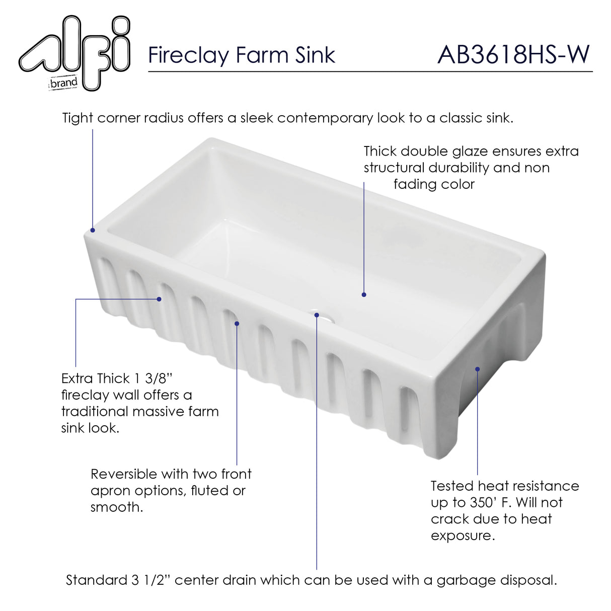 ALFI brand AB3618HS-W 36 inch White Reversible Smooth / Fluted Single Bowl Fireclay Farm Sink