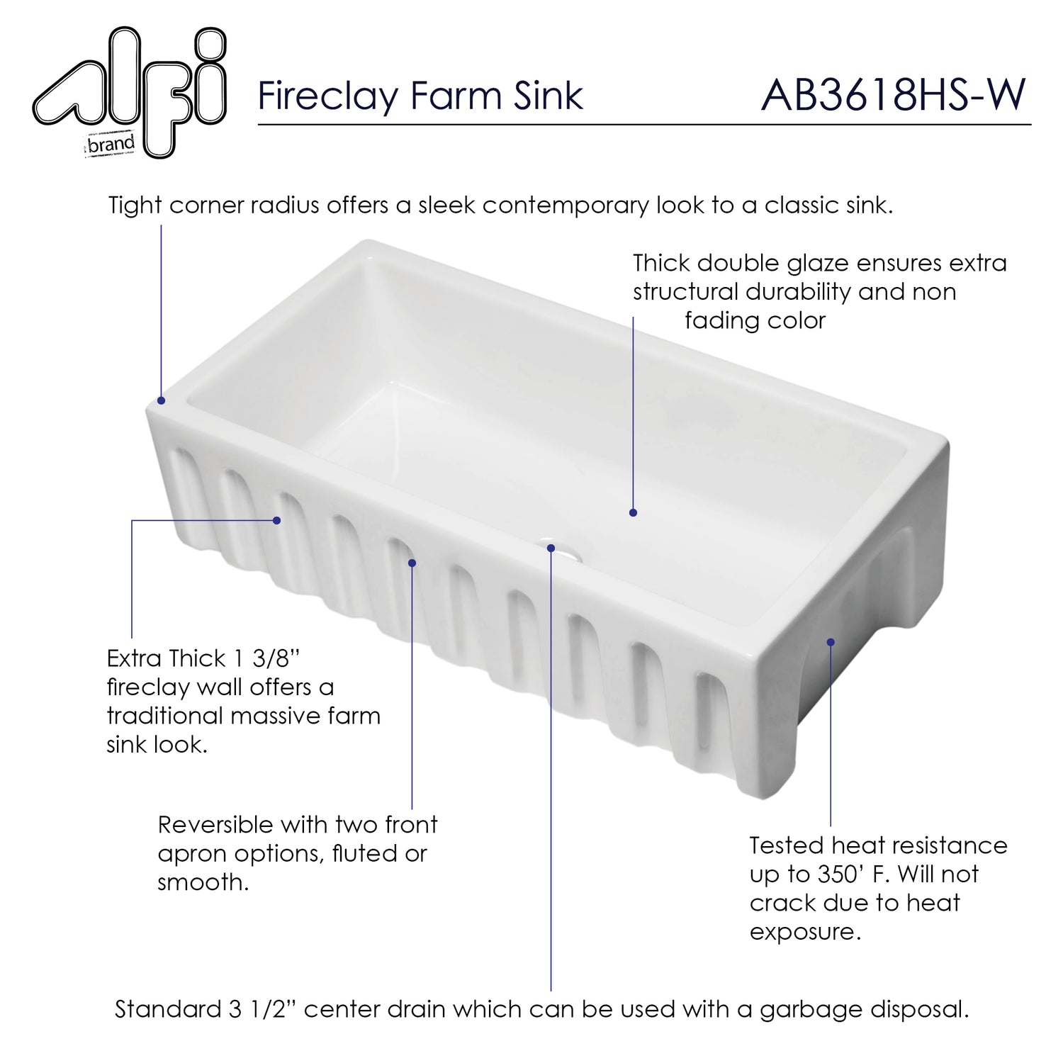 ALFI brand AB3618HS-W 36 inch White Reversible Smooth / Fluted Single Bowl Fireclay Farm Sink